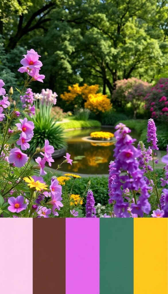 A lush, vibrant garden bursting with a harmonious color palette. In the foreground, a mix of blooming flowers in shades of pink, purple, and lavender sway gently in the soft, diffused light. The middle ground features a tranquil pond reflecting the verdant foliage and a cluster of complementary yellow and orange blossoms. In the background, a canopy of trees casts dramatic shadows, creating a sense of depth and atmosphere. The overall scene conveys a serene, natural ambiance, highlighting the beauty of essential color schemes such as monochromatic, analogous, and complementary.