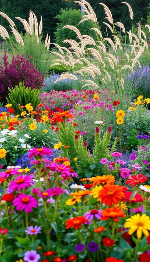 A lush, vibrant garden in the golden hour, with a diverse array of blooming plants in a well-designed succession planting scheme. In the foreground, a variety of colorful annuals and perennials create a captivating tapestry of hues. The middle ground features carefully placed shrubs and small trees, their foliage providing depth and structure. In the background, a mix of tall, swaying grasses and flowering perennials add texture and a sense of tranquility. The lighting is soft and warm, casting a gentle glow over the scene, highlighting the intricate details of the plants and creating a serene, inviting atmosphere.