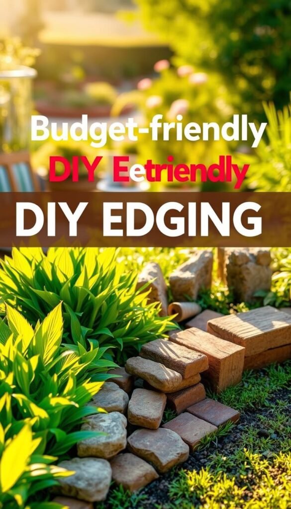 A lush, vibrant garden landscape with various budget-friendly DIY edging ideas showcased in the foreground. The scene is bathed in warm, golden afternoon light, casting soft shadows across the natural textures. In the middle ground, a variety of edging materials are presented, including stacked stones, wooden logs, and repurposed bricks, seamlessly blending with the verdant foliage. The background features a tranquil, blurred scene of a well-tended garden, hinting at the serene and inviting atmosphere. The overall composition highlights the aesthetic and practical applications of these DIY edging solutions, inspiring the viewer to explore cost-effective ways to enhance their own outdoor spaces.