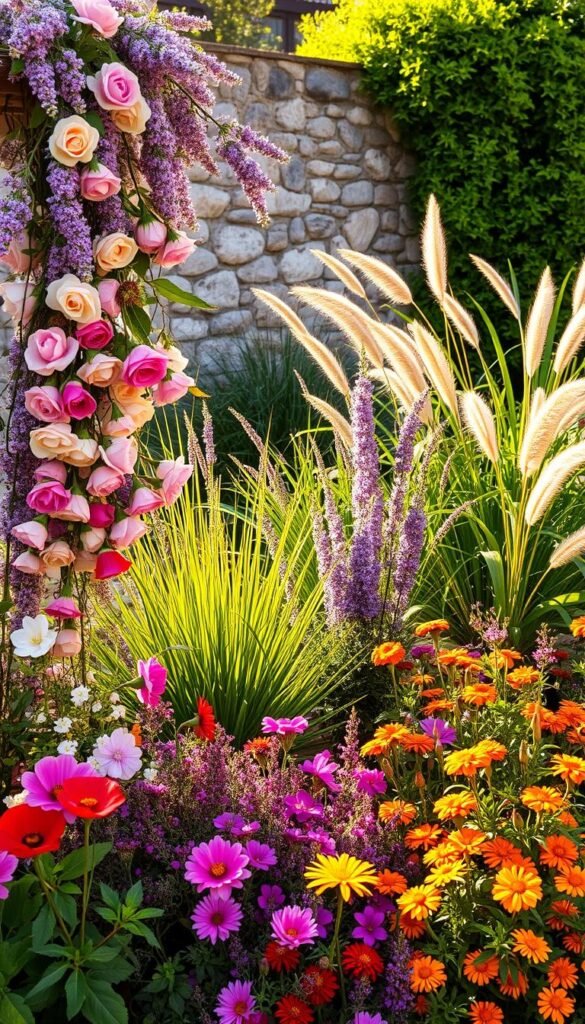 A lush, vibrant garden scene bathed in warm, golden sunlight. In the foreground, a flourishing arrangement of cottage-style companion plants - cascading vines of climbing roses intertwined with delicate lavender, fragrant peonies, and soft-hued poppies. The middle ground features a mix of tall, swaying ornamental grasses and colorful, cheerful marigolds. The background depicts a picturesque stone wall, partially obscured by the verdant foliage, creating a sense of tranquility and seclusion. The overall composition evokes a charming, romantic atmosphere, perfectly suited for a cottage-style border.