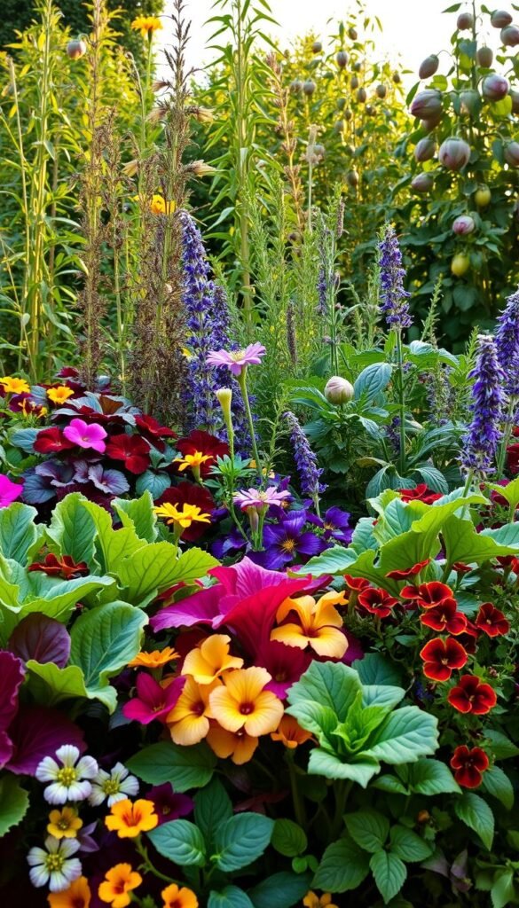A lush, vibrant garden scene showcasing an array of edible ornamental plant combinations. In the foreground, a selection of colorful, textured foliage plants such as Swiss chard, kale, and red-veined sorrel intermingle with flowering edibles like nasturtiums, borage, and pansies. The middle ground features a mix of herbs like rosemary, thyme, and lavender, creating a fragrant tapestry. In the background, towering artichokes and ripening tomato vines add depth and visual interest. The lighting is soft and diffused, casting a warm, golden glow over the scene. The overall composition emphasizes the harmony and beauty of integrating edible and ornamental plants in a cohesive garden design.