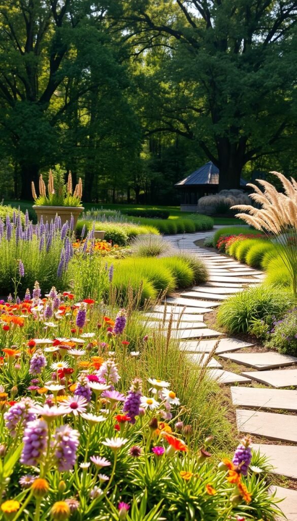 A lush, vibrant native plant garden design, meticulously curated to showcase the beauty and diversity of sustainable landscaping. The foreground features a harmonious arrangement of native perennials, their delicate flowers and foliage softly illuminated by warm, natural light. In the middle ground, a winding stone path invites exploration, flanked by neatly trimmed shrubs and grasses that sway gently in a light breeze. The background showcases a verdant backdrop of mature native trees, their canopies filtering the sunlight and creating a serene, park-like atmosphere. The overall composition evokes a sense of tranquility, balance, and a deep connection to the natural world.