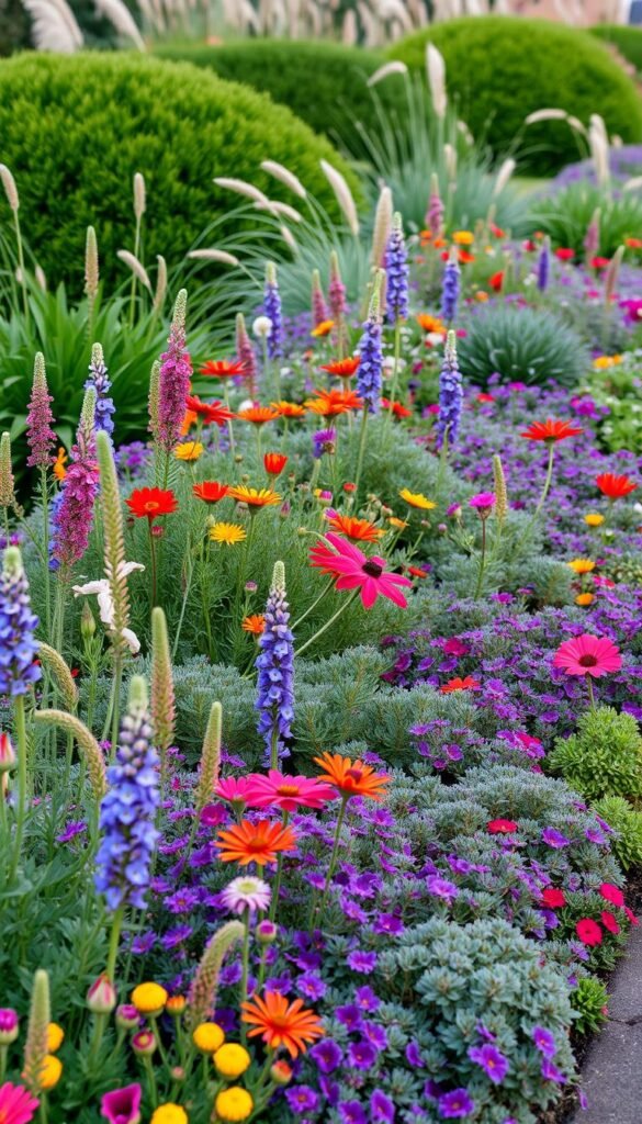 A lush, vibrant perennial and annual garden border, captured in soft, even lighting that accentuates the delicate textures and vibrant colors. In the foreground, a tapestry of blooming flowers in a variety of heights and shapes, including delphinium, salvia, and cosmos. The middle ground features low-growing, mounding plants like thyme and sedum, creating a harmonious transition to the background. A backdrop of ornamental grasses and shrubs adds depth and structure, framing the scene. The overall composition conveys a sense of balance, movement, and natural beauty, perfectly suited for a compact, narrow garden plot.