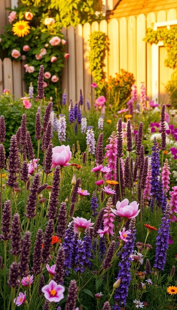 A lush, vibrant perennial border in a charming cottage garden, bathed in warm, golden afternoon light. The foreground showcases a tapestry of color, with tall, swaying stems of lavender, clusters of pink peonies, and spikes of purple salvia. The middle ground features a harmonious blend of flowering perennials like delphiniums, phlox, and black-eyed Susans, creating a sense of depth and layering. In the background, a picturesque wooden fence adorned with climbing roses frames the scene, hinting at the cozy, rural setting. The overall composition evokes a sense of natural abundance, timelessness, and the serene beauty of a well-designed perennial border.