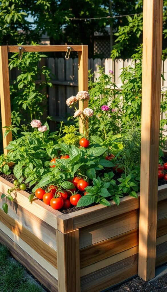 A lush, vibrant raised garden bed nestled in a sun-dappled backyard. The wooden frame casts warm, natural shadows across the fertile soil, teeming with verdant foliage and bursting blooms. Heirloom tomatoes, crisp lettuce, and fragrant herbs thrive in the elevated planter, effortlessly accessible for easy tending. The scene exudes a sense of abundance and resilience, showcasing the many benefits of this gardening approach - increased yields, reduced weeding, and improved drainage for a bountiful, low-maintenance harvest. Captured through a wide-angle lens, the image invites the viewer to envision the joys of cultivating a thriving, self-sustaining oasis in the comfort of one's own backyard.