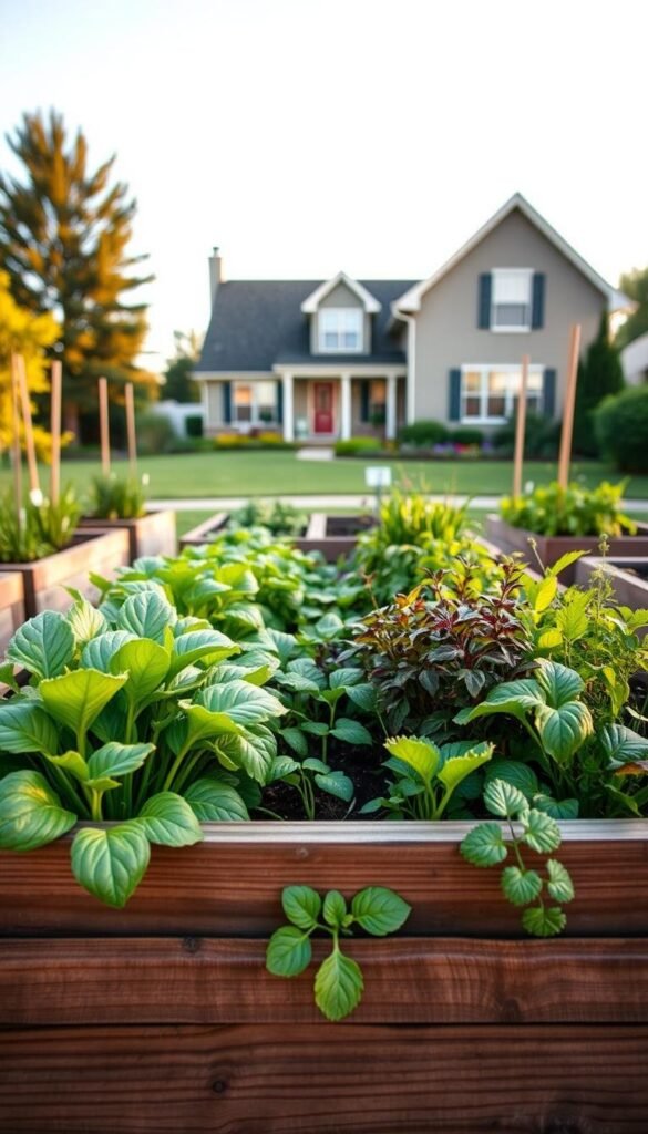 A lush, vibrant raised garden bed takes center stage, its wooden planks framing a bountiful display of fresh produce. In the foreground, a variety of healthy vegetables and herbs flourish, their leaves and stems swaying gently in the warm afternoon light. The middle ground showcases the garden's thoughtful design, with strategically placed paths and neatly organized sections for different crops. In the background, a neatly trimmed lawn and a picturesque suburban home provide a serene, inviting backdrop, hinting at the benefits of incorporating raised beds into a home's landscape. The scene conveys a sense of tranquility, productivity, and the rewarding experience of growing one's own food. Captured with a wide-angle lens and warm, natural lighting, this image showcases the beauty and advantages of incorporating raised garden beds into a front yard. A lush, vibrant raised garden bed takes center stage, its wooden planks framing a bountiful display of fresh produce. In the foreground, a variety of healthy vegetables and herbs flourish, their leaves and stems swaying gently in the warm afternoon light. The middle ground showcases the garden's thoughtful design, with strategically placed paths and neatly organized sections for different crops. In the background, a neatly trimmed lawn and a picturesque suburban home provide a serene, inviting backdrop, hinting at the benefits of incorporating raised beds into a home's landscape. The scene conveys a sense of tranquility, productivity, and the rewarding experience of growing one's own food. Captured with a wide-angle lens and warm, natural lighting, this image showcases the beauty and advantages of incorporating raised garden beds into a front yard.