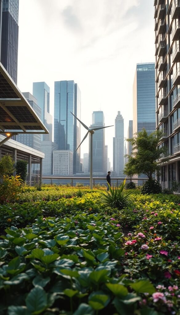 A lush, vibrant urban garden nestled amidst a modern cityscape, seamlessly integrating renewable energy features. In the foreground, a verdant display of thriving crops and flowers, meticulously tended by a caretaker. Overhead, sleek solar panels capture the sun's rays, powering the garden's irrigation and lighting systems. In the middle ground, a compact wind turbine gently spins, generating additional clean energy. The background features a backdrop of towering skyscrapers, their reflective facades mirroring the garden's verdant beauty. Soft, diffused lighting casts a warm, inviting glow over the scene, creating a harmonious balance between nature and technology. The overall atmosphere conveys a sense of sustainability, innovation, and a symbiotic relationship between urban living and renewable energy. A lush, vibrant urban garden nestled amidst a modern cityscape, seamlessly integrating renewable energy features. In the foreground, a verdant display of thriving crops and flowers, meticulously tended by a caretaker. Overhead, sleek solar panels capture the sun's rays, powering the garden's irrigation and lighting systems. In the middle ground, a compact wind turbine gently spins, generating additional clean energy. The background features a backdrop of towering skyscrapers, their reflective facades mirroring the garden's verdant beauty. Soft, diffused lighting casts a warm, inviting glow over the scene, creating a harmonious balance between nature and technology. The overall atmosphere conveys a sense of sustainability, innovation, and a symbiotic relationship between urban living and renewable energy.