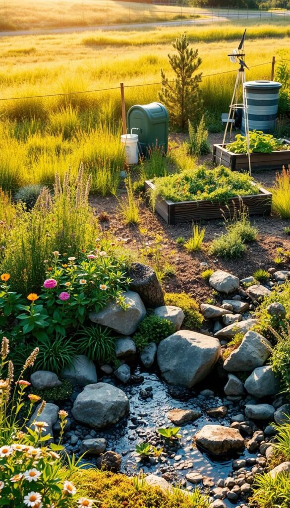 A lush, vibrant water conservation garden system, featuring a sunlit meadow with diverse native flora and a gently flowing stream. In the foreground, a well-designed rain garden captures and filters runoff, with strategically placed boulders and logs providing natural habitats for pollinators and small wildlife. The middle ground showcases a raised garden bed with drought-tolerant plants, complemented by a water-efficient drip irrigation system. In the background, a neatly arranged compost bin and a small wind turbine suggest a holistic approach to sustainable living. The scene is bathed in warm, golden sunlight, conveying a sense of harmony and environmental stewardship.