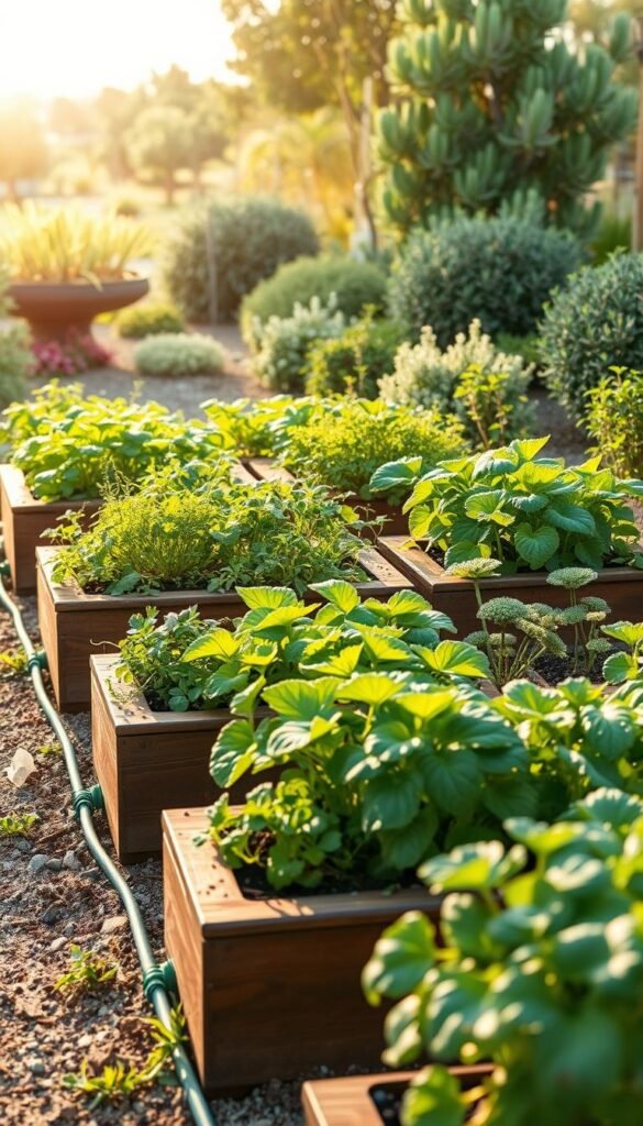 A lush, water-efficient garden bed with raised planters in the foreground, filled with thriving vegetables and herbs. The middle ground features a drip irrigation system discretely integrated, providing a steady, sustainable water supply. In the background, a carefully curated selection of drought-tolerant plants and shrubs create a visually appealing and low-maintenance landscape. Warm, natural lighting filters through the scene, highlighting the vibrant foliage and creating a serene, tranquil atmosphere. The overall composition conveys a sense of harmony between form and function, showcasing a practical yet aesthetically pleasing water-wise gardening solution.