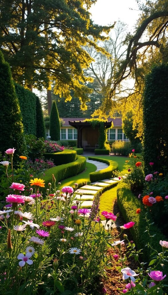 A lush, well-curated garden oasis, bathed in warm, golden afternoon light. In the foreground, an abundance of vibrant blooms in a variety of colors and textures - delicate wildflowers, fragrant roses, and verdant foliage. The middle ground reveals a meandering stone pathway, flanked by neatly trimmed hedges and towering trees casting gentle shadows. In the background, a charming wooden gazebo or pergola, draped with cascading vines, invites you to pause and soak in the serene ambiance. The overall scene conveys a sense of harmony, balance, and personal expression - a garden that truly reflects the owner's unique style and aesthetic sensibilities. A lush, well-curated garden oasis, bathed in warm, golden afternoon light. In the foreground, an abundance of vibrant blooms in a variety of colors and textures - delicate wildflowers, fragrant roses, and verdant foliage. The middle ground reveals a meandering stone pathway, flanked by neatly trimmed hedges and towering trees casting gentle shadows. In the background, a charming wooden gazebo or pergola, draped with cascading vines, invites you to pause and soak in the serene ambiance. The overall scene conveys a sense of harmony, balance, and personal expression - a garden that truly reflects the owner's unique style and aesthetic sensibilities.