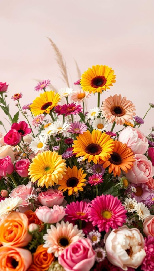 A lush, well-curated selection of fresh-cut flowers against a soft, pastel-hued background. In the foreground, a vibrant array of blooms - delicate roses, bold sunflowers, whimsical daisies, and lush peonies, each variety showcasing its unique color, texture, and form. The middle ground features an artful arrangement of seasonal favorites like zinnias, cosmos, and lisianthus, while the background hints at a serene garden setting, with wispy grasses and a muted, dreamy sky. Captured with a shallow depth of field and warm, natural lighting to accentuate the flowers' inherent beauty and create an inviting, aspirational scene.