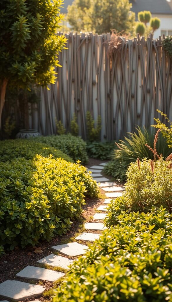 A lush, well-defined garden border in a small, intimate space. In the foreground, a vibrant array of low-growing shrubs and plants, their foliage creating a natural, textured tapestry. The middle ground features a winding stone path, inviting the viewer to explore. In the background, a subtle, sun-dappled fence or wall, providing a soft, organic backdrop. The lighting is soft and diffused, casting a warm, golden glow over the scene. The overall atmosphere is one of tranquility and balance, where the small space is elevated by the thoughtful placement and selection of the plants. The image conveys a sense of harmony and inspiration for creating beautiful garden borders, even in limited areas.