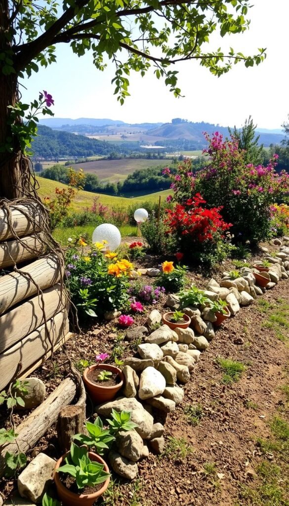 A lush, well-designed garden border with a variety of creative edging ideas. In the foreground, a mix of natural materials like reclaimed wood, stones, and winding vines create a rustic, organic feel. In the middle ground, colorful flowering plants and shrubs frame the edges, adding pops of vibrant hues. The background features a serene, sun-dappled landscape with rolling hills and a distant tree line. The lighting is soft and natural, casting gentle shadows and highlights that accentuate the textures and details. The overall scene conveys a sense of tranquility, harmony, and inspiration for DIY garden enthusiasts. A lush, well-designed garden border with a variety of creative edging ideas. In the foreground, a mix of natural materials like reclaimed wood, stones, and winding vines create a rustic, organic feel. In the middle ground, colorful flowering plants and shrubs frame the edges, adding pops of vibrant hues. The background features a serene, sun-dappled landscape with rolling hills and a distant tree line. The lighting is soft and natural, casting gentle shadows and highlights that accentuate the textures and details. The overall scene conveys a sense of tranquility, harmony, and inspiration for DIY garden enthusiasts.
