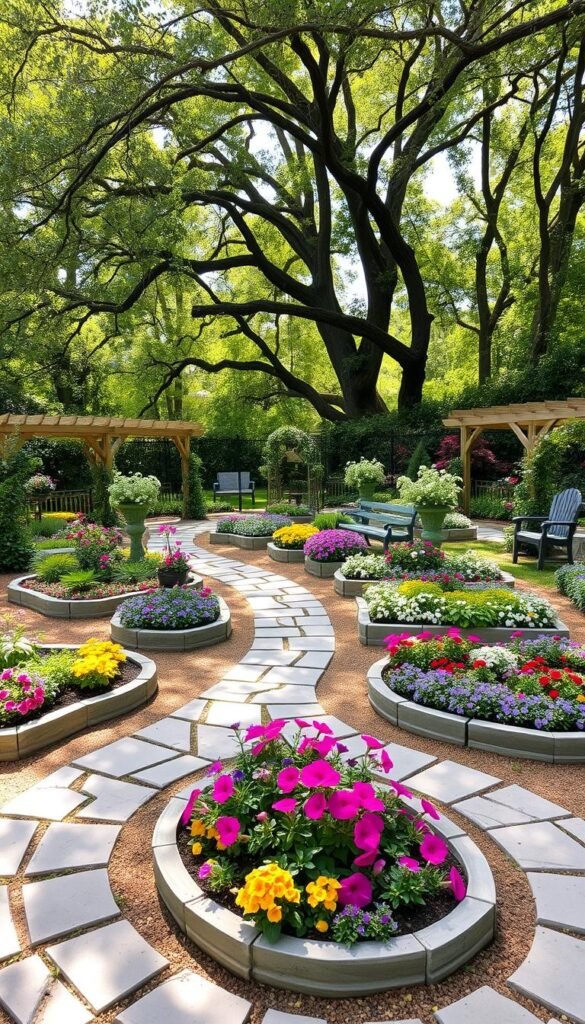 A lush, well-designed garden with neatly edged raised beds filled with vibrant flowers and foliage. The beds are arranged in an inviting, asymmetrical layout, with winding stone pathways guiding visitors through the space. Dappled sunlight filters through the canopy of mature trees, casting a warm, natural glow over the scene. Decorative trellises, arbors, and wooden benches dot the landscape, creating cozy seating areas. The overall aesthetic is one of effortless charm and meticulous attention to detail, reflecting the homeowner's unique style and vision for their outdoor oasis.
