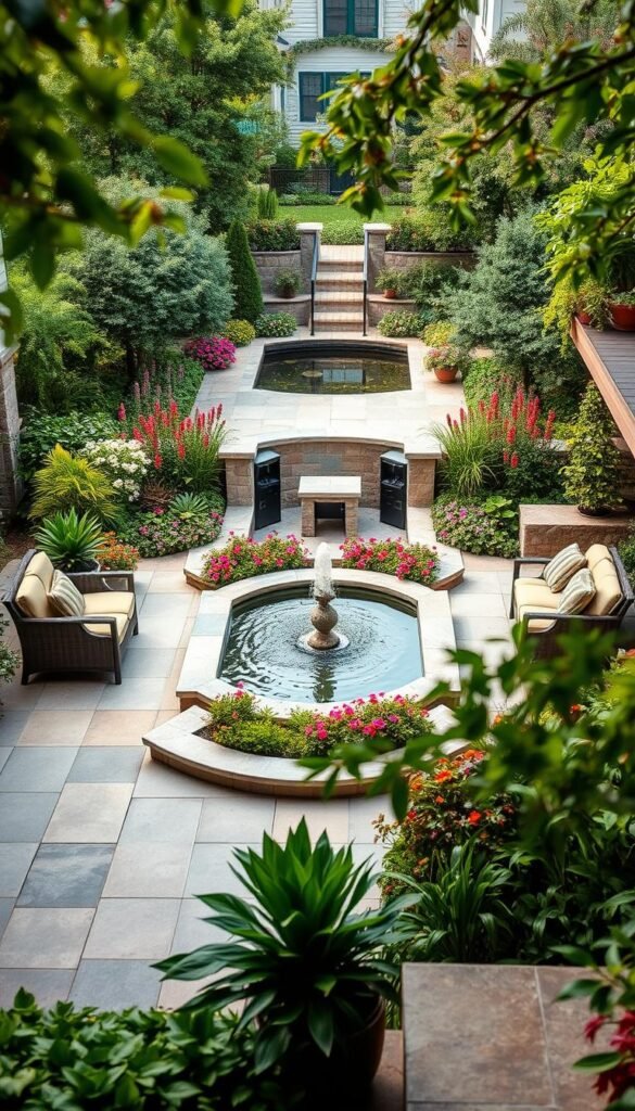 A lush, well-designed patio surrounded by a meticulously landscaped garden, featuring a captivating water feature that takes center stage. The patio is adorned with elegant stone pavers and comfortable outdoor furniture, creating a serene and inviting atmosphere. In the middle ground, a harmonious blend of vibrant flora, including colorful flowers and verdant foliage, enhances the natural ambiance. The background showcases a calming water element, such as a tranquil pond or a cascading fountain, reflecting the skyline and creating a soothing, meditative ambiance. The lighting is soft and natural, casting a warm glow over the scene and emphasizing the harmonious interplay of the hardscape and softscape elements. Captured with a wide-angle lens to encapsulate the overall design, this image exudes a sense of urban oasis, perfectly embodying the section's theme of "Maximizing Hardscape Elements and Creative Features".