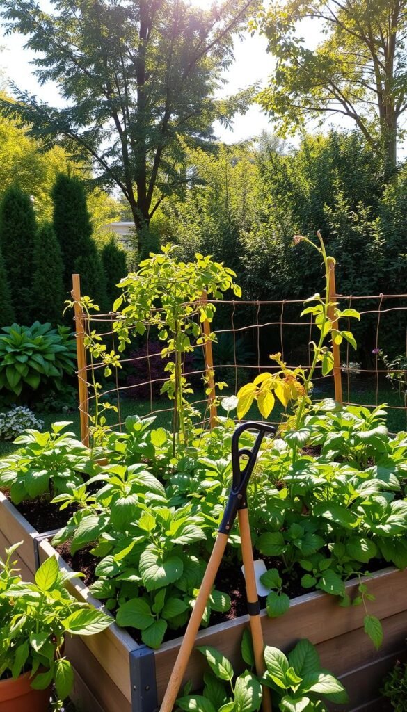 A lush, well-designed raised garden bed in a sun-dappled backyard. The bed is filled with a variety of thriving vegetables and herbs, their leaves glistening in the warm, golden light. Strategically placed trellises and supports guide the growth of climbing plants, maximizing the use of vertical space. The garden is surrounded by a mix of tall, leafy trees and low-growing shrubs, creating a natural canopy that filters the sunlight, providing the optimal balance of brightness and shade. The scene has a serene, peaceful atmosphere, with the gentle breeze rustling the foliage. A pair of weathered garden tools leans against the raised bed, hinting at the careful tending this productive oasis has received.