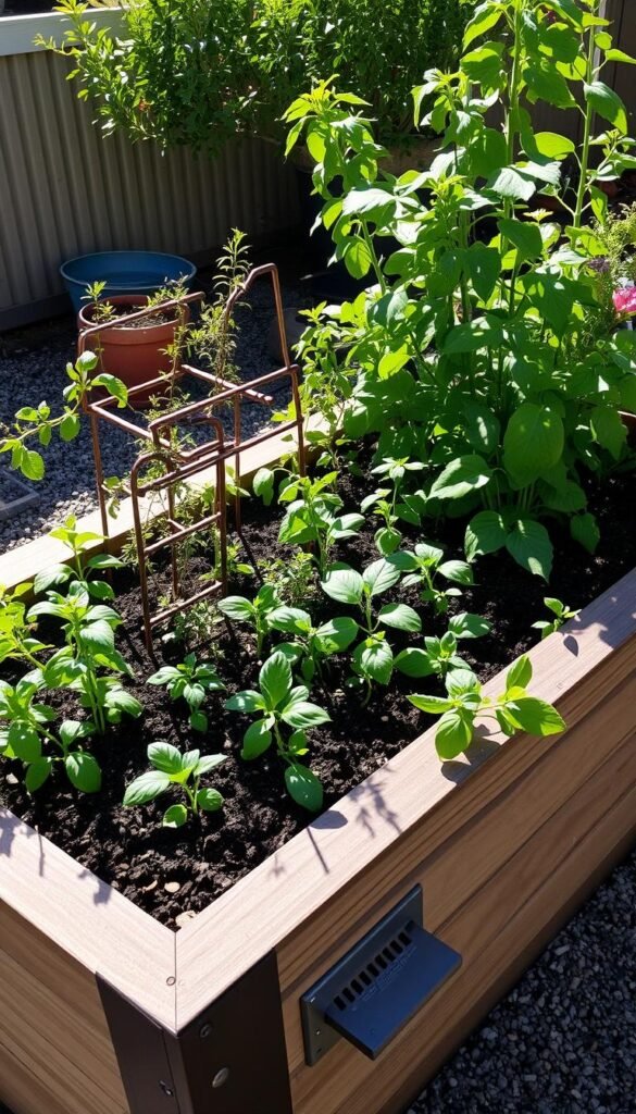 A lush, well-designed raised garden bed situated in a serene, sun-dappled outdoor setting. The bed's frame is constructed from a weather-resistant material, its surface textured with a natural, earthy finish. Thriving plants and herbs emerge from the rich, nutrient-dense soil, their vibrant foliage casting soft shadows across the bed. Strategically placed trellises provide support for climbing vines, while a subtle drainage system ensures excess moisture is efficiently managed. The overall composition conveys a sense of durability, functionality, and harmonious integration with the surrounding landscape.