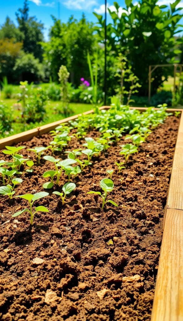 A lush, well-drained raised garden bed, its soil meticulously tilled and aerated. Sunlight filters through wispy clouds, casting a warm, golden glow on the earthy textures. The bed's edges are neatly defined, with smooth, gently sloping sides to facilitate drainage. In the foreground, rich, dark soil is dotted with crumbling organic matter, inviting the growth of vibrant, healthy plants. The middle ground showcases a diverse array of thriving seedlings and young greens, their leaves gently rustling in a soft breeze. Framing the scene, the background features a picturesque garden setting, with verdant foliage and a clear, azure sky.