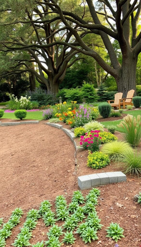 A lush, well-maintained garden with gently sloping terrain. In the foreground, strategically placed ground cover plants and small retaining walls help stabilize the soil and prevent erosion. The middle ground showcases a diverse array of flowers, shrubs, and ornamental grasses, their vibrant colors and textures complementing the natural slope. In the background, mature trees with deep, sprawling roots provide both shade and structural support, their canopies casting a warm, diffused light across the scene. The overall composition conveys a sense of harmony between the cultivated garden and the undulating landscape, showcasing effective erosion management techniques for sloping gardens.