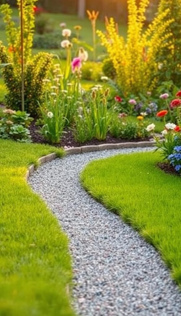 A lush, well-manicured garden with a meticulously installed gravel edge. In the foreground, the freshly laid gravel path, its smooth texture inviting visitors to stroll along. In the middle ground, a carefully constructed edging system, crafted from natural stone or timber, neatly separating the gravel from the vibrant green lawn. The background showcases the verdant garden, filled with a variety of thriving plants and flowers, bathed in the warm, golden hues of an afternoon sun. The overall scene conveys a sense of order, functionality, and natural harmony, perfectly suited for the step-by-step guide to creating a beautiful and low-maintenance garden edge.