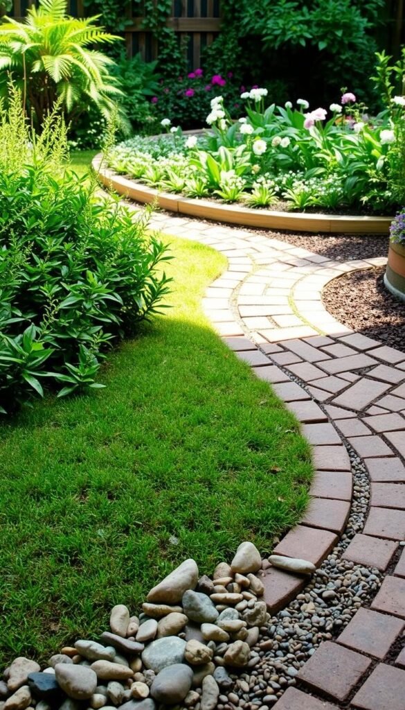 A lush, well-manicured garden with a variety of budget-friendly edging ideas. In the foreground, a mix of natural river rocks and decorative pebbles outline a winding path, creating a rustic, earthy feel. The middle ground showcases a line of interlocking brick pavers, their warm tones complementing the surrounding greenery. In the background, a low-profile wooden border frames a vibrant flowerbed, its delicate blooms adding pops of color. The scene is bathed in soft, natural lighting, highlighting the textures and materials used. An inviting, cost-conscious garden that blends form and function seamlessly. A lush, well-manicured garden with a variety of budget-friendly edging ideas. In the foreground, a mix of natural river rocks and decorative pebbles outline a winding path, creating a rustic, earthy feel. The middle ground showcases a line of interlocking brick pavers, their warm tones complementing the surrounding greenery. In the background, a low-profile wooden border frames a vibrant flowerbed, its delicate blooms adding pops of color. The scene is bathed in soft, natural lighting, highlighting the textures and materials used. An inviting, cost-conscious garden that blends form and function seamlessly.
