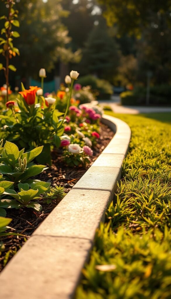 A lush, well-manicured garden with beautifully defined edges, bathed in warm, golden afternoon light. In the foreground, a close-up view showcases the clean, crisp line of a sturdy garden edging, its subtle texture and neutral hue complementing the vibrant greenery and flowers beyond. The middle ground reveals a serene scene of healthy, thriving plants, their vibrant colors and patterns accentuated by the precise borders. In the background, a glimpse of a tranquil path invites exploration, the edging guiding the eye through the inviting outdoor space. The overall composition conveys a sense of order, organization, and the benefits of well-designed garden edging for a polished, cohesive outdoor aesthetic.