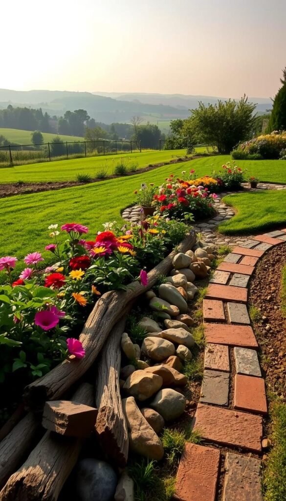 A lush, well-manicured garden with vibrant flower beds and a verdant lawn, separated by a creative garden border. The foreground showcases a variety of natural materials such as weathered wood, river stones, and decorative brick pavers, artfully arranged to form a seamless transition between the different elements. Soft, diffused lighting bathes the scene, accentuating the earthy tones and textures of the materials. In the middle ground, the border meanders organically, blending harmoniously with the surrounding foliage. The background features a picturesque, pastoral landscape, with rolling hills and a hazy, atmospheric sky. The overall mood is one of tranquility, inviting the viewer to imagine themselves strolling through this enchanting, well-designed outdoor space.