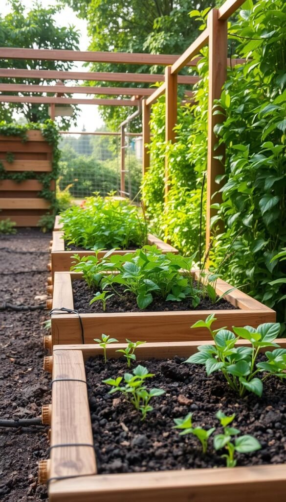 A lush, well-organized garden installation, showcasing raised planter beds in natural wood tones. The foreground displays a close-up view of carefully placed seedlings and flourishing plants, their vibrant colors and textures contrasting with the weathered timber. The middle ground reveals the intricate construction of the raised beds, with attention to sturdy supports and seamless integration. In the background, a soft, diffused natural light filters through verdant foliage, creating a serene, inviting atmosphere. The overall composition emphasizes the harmony between functional design and abundant, thriving vegetation, providing a visually striking representation of practical garden installation tips. A lush, well-organized garden installation, showcasing raised planter beds in natural wood tones. The foreground displays a close-up view of carefully placed seedlings and flourishing plants, their vibrant colors and textures contrasting with the weathered timber. The middle ground reveals the intricate construction of the raised beds, with attention to sturdy supports and seamless integration. In the background, a soft, diffused natural light filters through verdant foliage, creating a serene, inviting atmosphere. The overall composition emphasizes the harmony between functional design and abundant, thriving vegetation, providing a visually striking representation of practical garden installation tips.