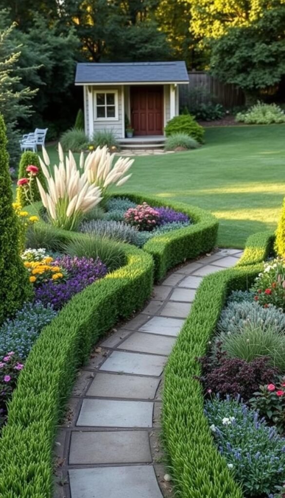 A lush, well-planned garden space with a focus on simple, elegant borders and edges. In the foreground, a tranquil pathway winds through neatly trimmed hedges and vibrant flower beds. The middle ground features a variety of ornamental grasses and low-growing perennials, artfully arranged to create a sense of depth and texture. In the background, a neatly kept lawn leads the eye towards a picturesque garden shed, bathed in warm, golden afternoon light. The overall atmosphere is one of serene, inviting simplicity, perfect for a novice landscaper's DIY project.