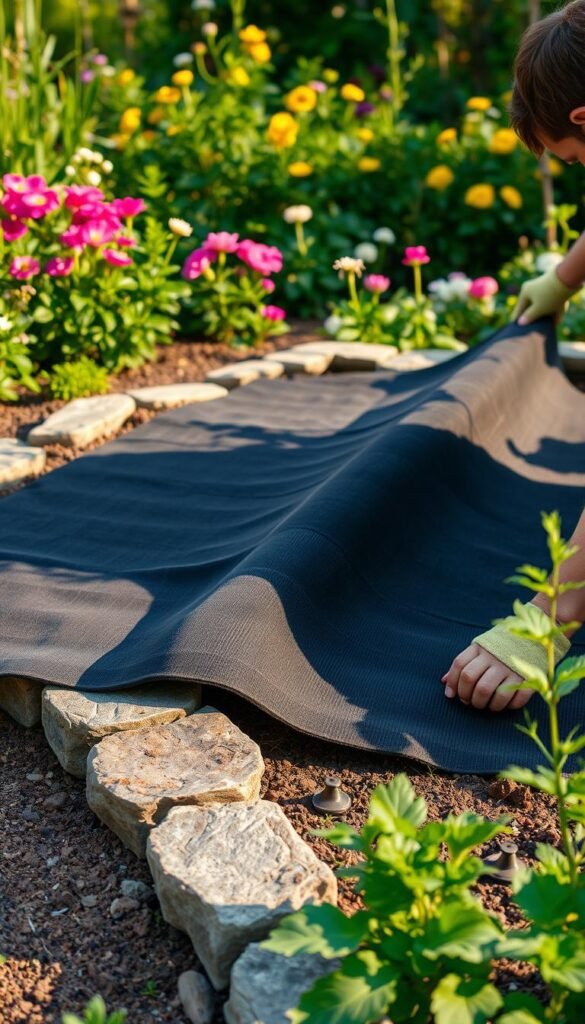 A lush, well-tended garden bed in the afternoon sun. In the foreground, a gardener carefully installs a black weed barrier fabric, smoothing it over the soil to create a protective layer against weeds and unwanted growth. The fabric is held in place by sturdy metal staples, strategically placed to secure the edges. In the middle ground, the raised garden bed is surrounded by natural stone borders, adding a rustic charm to the scene. The background features a vibrant, verdant backdrop of flowering plants and lush greenery, creating a serene and inviting atmosphere. The lighting is soft and natural, casting gentle shadows and highlighting the textures of the soil and fabric. The camera angle is slightly elevated, providing a clear view of the weed barrier installation process.