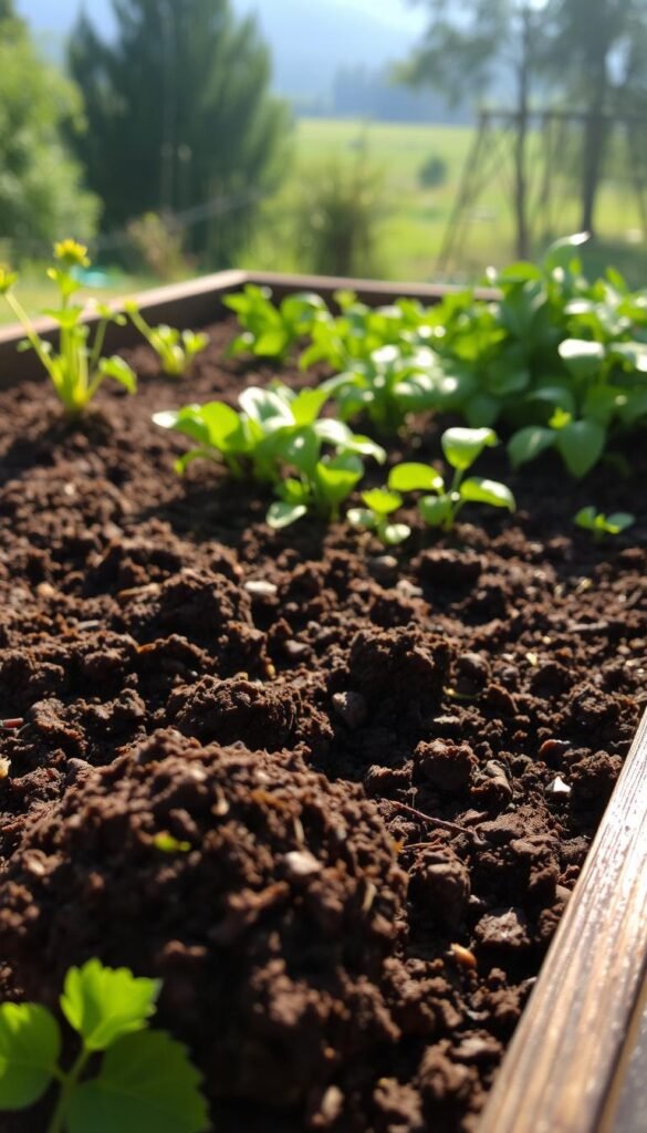 A lush, well-tended raised garden bed, its soil glistening with rich, dark nutrients. In the foreground, a handful of the soil crumbles, revealing its loamy, organic composition. The middle ground showcases a verdant array of thriving plants, their roots anchored in the nourishing medium. Soft, diffused sunlight filters through the scene, casting a warm, inviting glow. The background subtly fades into a tranquil, natural landscape, emphasizing the bed's harmonious integration with its surroundings. The overall impression conveys the vital benefits of expertly crafted raised bed soil - its ability to support robust, healthy plant growth.