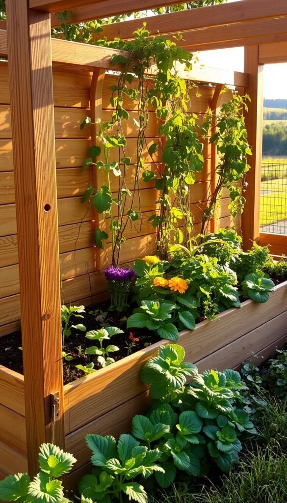 A lush, well-tended raised garden bed nestled within a sturdy wooden enclosure, bathed in warm, golden sunlight. The barrier, constructed with smooth, horizontal wooden slats, stands tall, casting gentle shadows across the soil. Vibrant, thriving plants reach up towards the sky, protected from the elements and pests. In the foreground, a variety of leafy greens and colorful flowers thrive, while the middle ground features trailing vines and climbing vegetables. The background showcases a tranquil, verdant landscape, hinting at the benefits of this enclosed garden oasis.