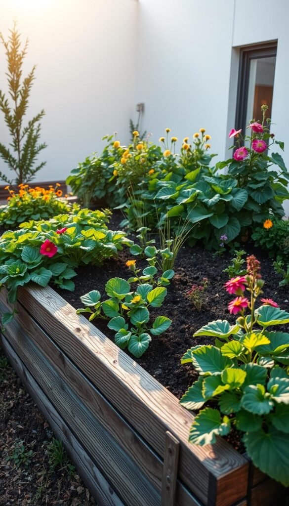 A lush, well-tended raised garden bed set against a backdrop of a minimalist, contemporary yard. The bed is constructed with sturdy, weathered wood planks, its soil a rich, dark brown. Leafy green vegetables and vibrant flowers cascade over the edges, creating a bountiful, visually appealing display. Warm, diffused sunlight filters through, casting a gentle glow on the scene. The camera angle is slightly elevated, providing a comprehensive view of the benefits of raised beds - their improved drainage, soil quality, and ease of access. The overall composition conveys a sense of tranquility, productivity, and the harmonious integration of nature and modern design.