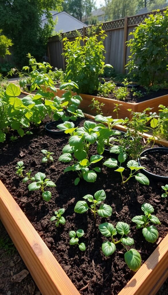 A lush, well-tended raised garden bed with enriched, dark soil sits in a sun-dappled backyard. The raised structure is constructed from natural wood, its edges neatly trimmed. Healthy, vibrant vegetable and herb plants thrive in the nutrient-dense soil, their leaves glistening in the soft, warm lighting. The scene evokes a sense of abundance, sustainability, and a connection to the land. A wide-angle lens captures the entire setup, showcasing the beautiful, functional design of the raised beds.