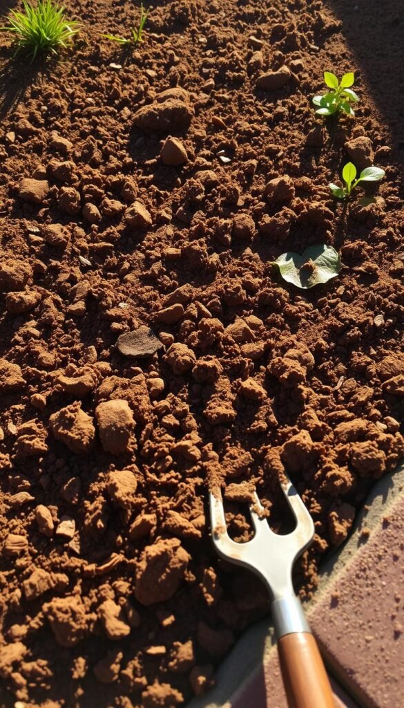 A lush, well-tilled garden border, its rich, dark soil loosened and aerated, ready to receive new plantings. Sunlight streams in from the side, casting warm, golden shadows across the textured surface. Earthy tones of brown and ochre mingle with the occasional splash of green, hinting at the verdant growth to come. The border's edge is defined by a neatly edged stone or brick border, lending a sense of order and intention to the scene. In the foreground, a small trowel or fork rests, a tool ready to assist in the task of soil preparation. The overall atmosphere conveys a sense of anticipation and potential, as the garden prepares to burst forth with new life.