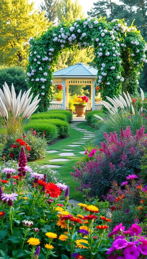 A lush, year-round garden with vibrant seasonal blooms. In the foreground, a mix of perennials and annuals in an artful arrangement, their colors and textures complementing each other. The middle ground features a meandering path flanked by verdant shrubs and ornamental grasses, leading the eye towards the background. There, a picturesque gazebo or pergola is draped in cascading vines and flowering climbers, creating a romantic, inviting atmosphere. Warm, soft lighting filters through the foliage, casting gentle shadows and highlighting the garden's natural beauty. The overall scene conveys a sense of harmony, balance, and the joyful abundance of a thriving, well-designed year-round garden.