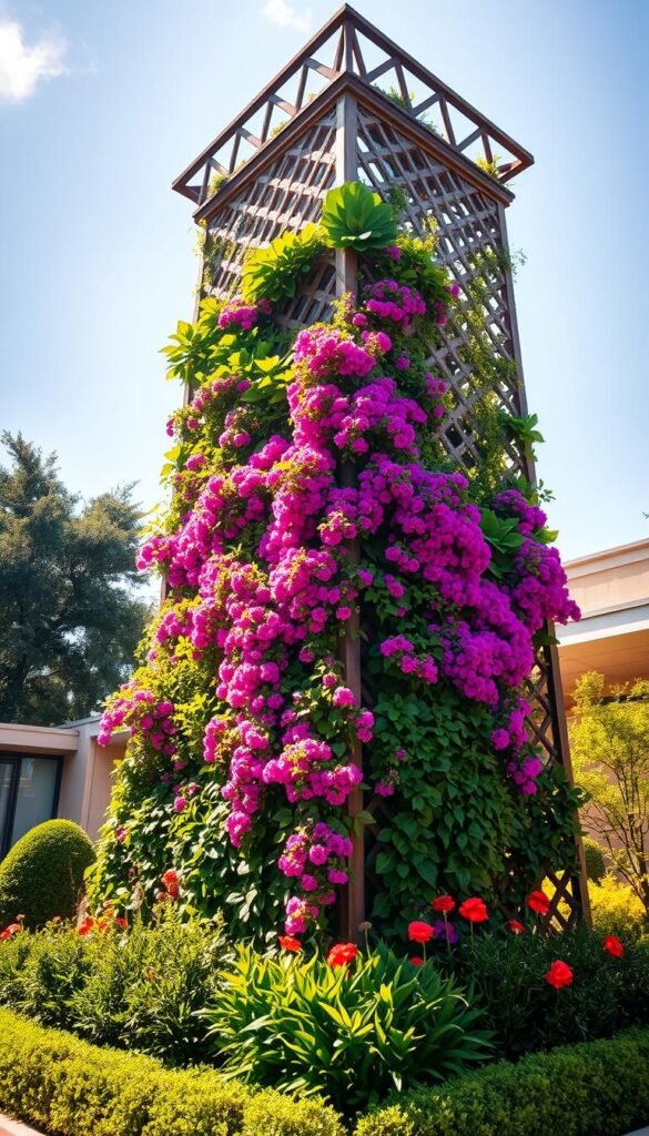 A majestic vertical garden structure rises gracefully, its intricate lattice framework casting dynamic shadows across the lush foliage. Vibrant climbing vines and cascading blooms create a captivating interplay of textures and hues, drawing the eye upwards towards the sun-dappled canopy above. The structure is positioned within a well-manicured garden border, complementing the surrounding plantings and adding a sense of depth and dimension to the scene. Warm, diffused lighting illuminates the verdant display, evoking a sense of tranquility and inviting the viewer to appreciate the harmonious integration of nature and architectural elements.