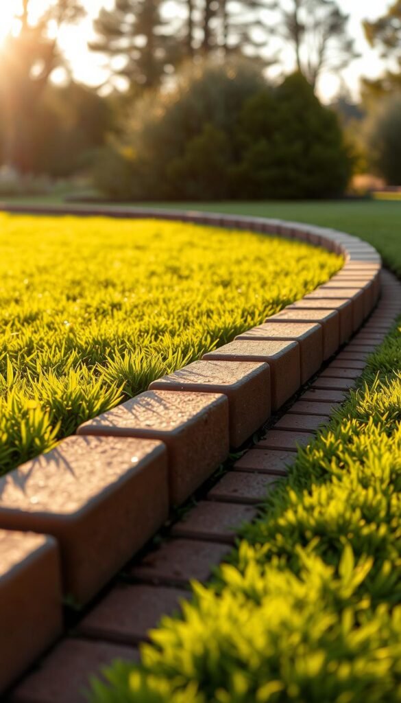 A meticulously arranged raised brick edge, showcasing a seamless blend of craftsmanship and functionality. The bricks, laid in a precise herringbone pattern, cast warm, natural shadows across the lush, verdant lawn. Expertly placed, each brick fits snugly against its neighbor, creating a sturdy, well-defined border. The scene is illuminated by soft, golden-hour lighting, casting a serene, inviting ambiance. The camera captures the edge from a low, ground-level perspective, emphasizing the clean lines and the smooth, uniform texture of the brickwork. This professional-grade edge effortlessly elevates the garden's overall aesthetic, serving as a striking visual anchor and a testament to the homeowner's attention to detail.