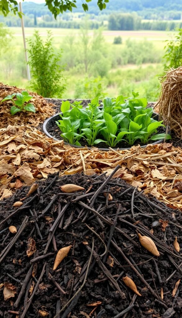 A meticulously composed photograph showcasing the intricacies of organic compost and mulch techniques. In the foreground, a pile of rich, dark compost material teems with earthy textures and microbial life. Surrounding it, a diverse array of organic mulches - shredded leaves, wood chips, and straw - create a lush, protective layer atop the soil. Midground, a verdant garden bed bursts with thriving plants, their roots nourished by the nutrient-dense compost. In the background, a serene natural landscape frames the scene, hinting at the harmony between cultivated and wild ecosystems. Soft, diffused lighting casts a warm, inviting glow, emphasizing the natural beauty of this sustainable gardening approach. Captured with a sharp, detailed lens to reveal the intricate textures and structures of the organic materials.