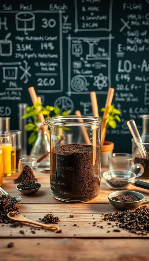 A meticulously composed still life of laboratory equipment and ingredients showcasing the science behind a perfect soil mixture for robust plant growth. In the foreground, a glass beaker filled with dark, nutrient-rich soil sits atop a wooden table, its contents illuminated by warm, natural lighting. In the middle ground, various test tubes, measuring spoons, and magnifying glasses surround the beaker, hinting at the analytical process. The background features a chalkboard wall, adorned with scientific diagrams and equations related to soil pH, nutrient content, and microbial activity. The overall atmosphere is one of scientific inquiry and the pursuit of horticultural excellence.