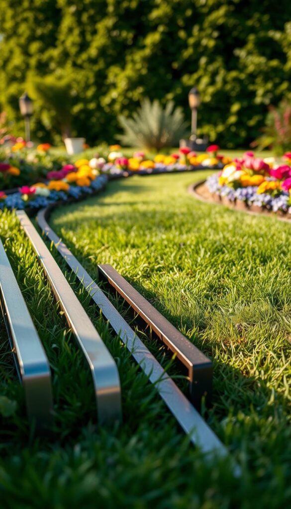 A meticulously crafted composition of modern metal edging solutions for garden borders, showcasing a variety of sleek, durable profiles in a natural setting. The foreground features a selection of polished steel, weathered iron, and anodized aluminum edging pieces, positioned to highlight their clean lines and textures. The middle ground depicts a lush, manicured lawn seamlessly transitioning into vibrant flower beds, emphasized by the precise placement of the edging. The background subtly frames the scene with a verdant, out-of-focus foliage, creating a sense of depth and harmony. Soft, warm lighting casts subtle shadows, accentuating the tactile qualities of the metal elements. Captured through a wide-angle lens at eye level, the image conveys a balanced, visually appealing representation of innovative metal edging options for creative garden borders.
