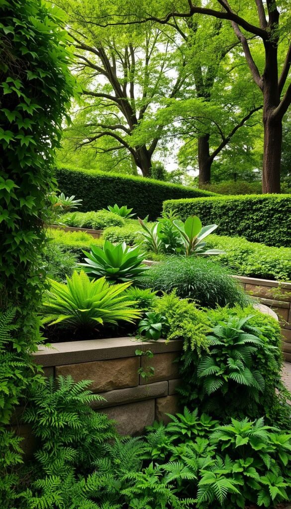 A meticulously curated urban garden oasis, with a strategic arrangement of lush, textured foliage. In the foreground, vibrant green ferns and trailing vines cascade over stone retaining walls, casting soft shadows. The middle ground features a mix of broad-leaved plants and structured hedges, their varied textures and shades of green creating visual depth. In the background, towering trees with dappled sunlight filtering through their canopies set the scene for this verdant, serene retreat. The lighting is natural and diffused, emphasizing the tactile quality of the diverse foliage. Captured from a low angle, the composition draws the viewer into this calming, secluded urban oasis.