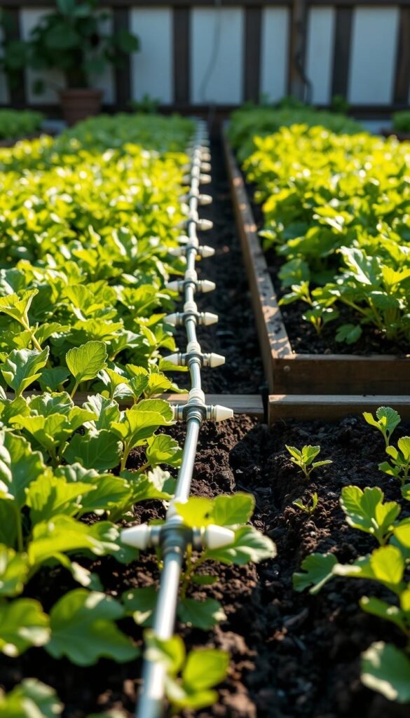 A meticulously designed drip irrigation system, featuring a network of flexible tubing and emitters strategically placed among lush, vibrant raised garden beds. The scene is illuminated by soft, natural lighting that casts gentle shadows, creating a tranquil and serene atmosphere. The system's components are precisely positioned, with the tubing snaking through the beds, delivering water efficiently and evenly to the soil. The raised beds are filled with rich, dark earth, ready to nourish a bountiful array of thriving plants. The overall composition conveys a sense of harmony, where technology and nature coexist in perfect balance, enabling the maximization of yield in a limited space. A meticulously designed drip irrigation system, featuring a network of flexible tubing and emitters strategically placed among lush, vibrant raised garden beds. The scene is illuminated by soft, natural lighting that casts gentle shadows, creating a tranquil and serene atmosphere. The system's components are precisely positioned, with the tubing snaking through the beds, delivering water efficiently and evenly to the soil. The raised beds are filled with rich, dark earth, ready to nourish a bountiful array of thriving plants. The overall composition conveys a sense of harmony, where technology and nature coexist in perfect balance, enabling the maximization of yield in a limited space.