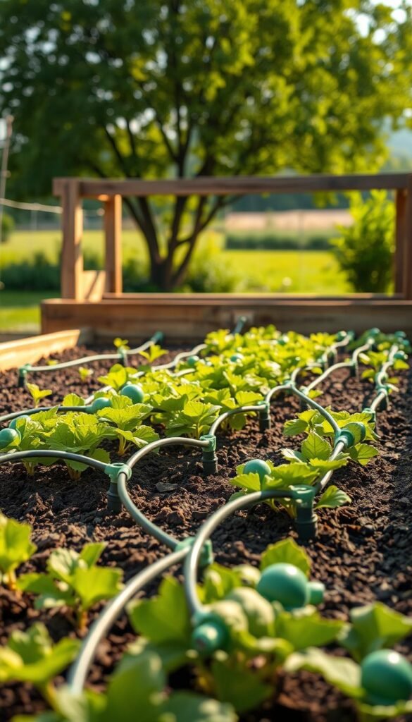 A meticulously designed drip irrigation system setup in a thriving raised garden bed. The foreground depicts a network of sleek, flexible tubing snaking through the lush, verdant soil, dotted with precision drip emitters strategically placed to deliver water directly to the plant roots. In the middle ground, a sturdy, elevated garden bed frames the scene, its wooden planks weathered by time and the elements. The background is a serene, sun-dappled landscape, with a hint of a verdant canopy overhead, creating a tranquil, natural ambiance. The lighting is soft and diffused, casting a warm, golden glow over the entire setup, highlighting the efficient and sustainable nature of this irrigation system.