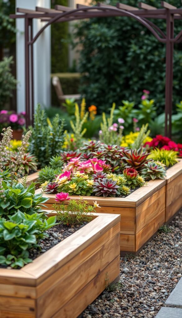 A meticulously designed garden bed showcasing a harmonious blend of natural and architectural elements. In the foreground, a series of raised planter boxes crafted from warm, weathered wood, their clean lines and rustic charm inviting closer inspection. The middle ground features a varied assortment of carefully selected ornamental plants, their vibrant hues and lush foliage creating a captivating visual tapestry. In the background, a gently arched trellis frames the scene, its wrought-iron construction evoking a timeless elegance. Soft, diffused lighting casts a gentle glow, highlighting the interplay of textures and the overall sense of balance and thoughtful curation. The resulting image conveys a serene, inviting atmosphere, perfectly suited to illustrate the "Design, Materials, and Aesthetic Appeal" section of the article.
