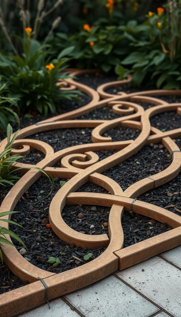 A meticulously designed garden bed with intricate, flowing lines that gracefully weave through the lush foliage. Warm, soft lighting illuminates the curves and textures, creating a serene and inviting atmosphere. The design features a harmonious blend of geometric patterns and organic shapes, guiding the viewer's eye through the thoughtfully arranged plants and materials. A sense of balance and proportion emanates from the scene, showcasing the beauty and artistry of well-crafted garden edging that will stand the test of time. A meticulously designed garden bed with intricate, flowing lines that gracefully weave through the lush foliage. Warm, soft lighting illuminates the curves and textures, creating a serene and inviting atmosphere. The design features a harmonious blend of geometric patterns and organic shapes, guiding the viewer's eye through the thoughtfully arranged plants and materials. A sense of balance and proportion emanates from the scene, showcasing the beauty and artistry of well-crafted garden edging that will stand the test of time.