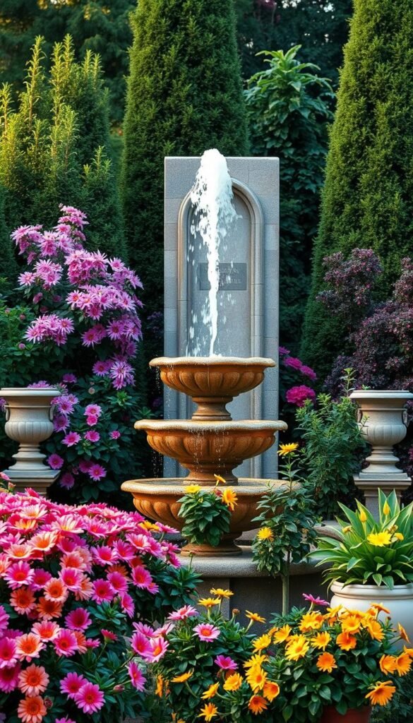 A meticulously designed garden focal point, capturing the essence of natural elegance. A majestic stone water fountain stands tall, its cascading streams reflecting the soft, warm lighting that bathes the surrounding lush foliage. Vibrant flowers in shades of pink, purple, and yellow burst forth, creating a captivating color palette that draws the eye. Strategically placed ornamental statues and potted plants add depth and visual interest, guiding the viewer's gaze through the tranquil scene. The overall composition evokes a sense of harmony and serenity, inviting the viewer to pause and immerse themselves in the beauty of this carefully curated garden oasis.