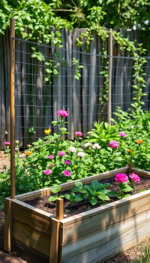 A meticulously detailed garden scene, with a raised planter box in the foreground. Sturdy wire mesh netting, secured with wooden stakes, stretches over the bed, creating a protective barrier against curious wildlife. Dappled sunlight filters through the netting, casting gentle shadows across the soil. In the middle ground, lush greenery and vibrant blooms surround the planter, creating a lush, verdant oasis. The background features a rustic wooden fence, partially obscured by trailing vines and foliage, conveying a sense of tranquility and natural harmony. The overall mood is one of serene, effortless protection for a thriving, deer-proof garden.