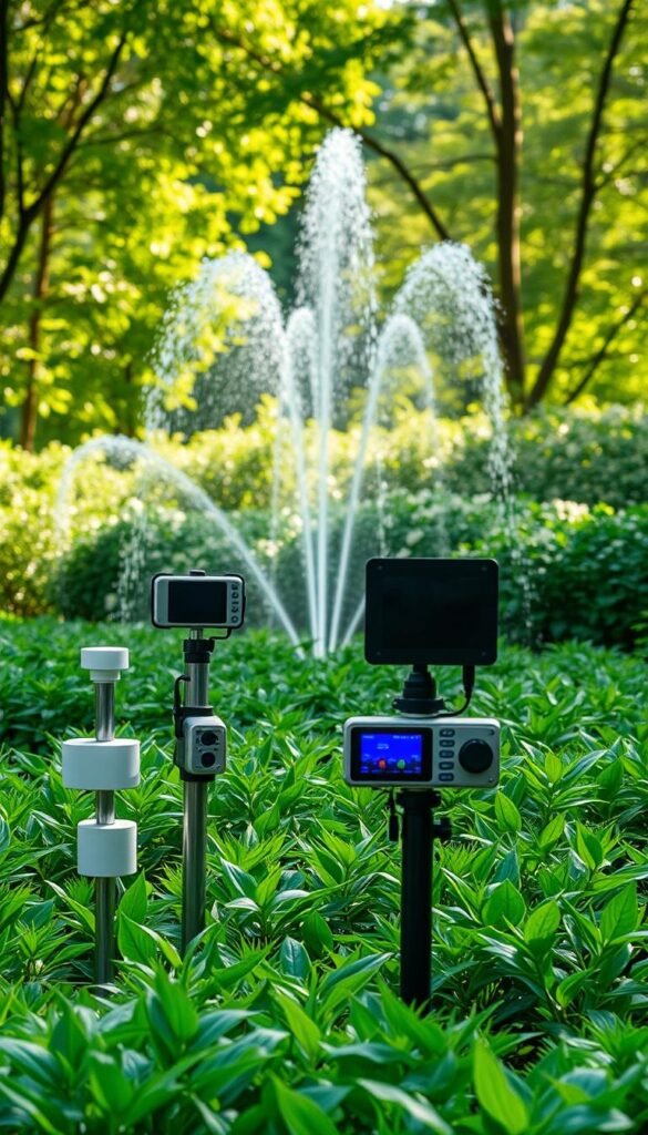 A meticulously engineered smart irrigation system stands in a lush, verdant garden. The foreground features an array of sleek, modern sensors and controllers, seamlessly integrated into the landscape. In the middle ground, water jets artfully cascade, optimizing water usage. The background showcases a tranquil, natural setting with vibrant foliage, softly illuminated by natural sunlight filtering through the trees. The entire scene conveys a harmonious blend of cutting-edge technology and environmental sustainability, embodying the principles of resource conservation. A meticulously engineered smart irrigation system stands in a lush, verdant garden. The foreground features an array of sleek, modern sensors and controllers, seamlessly integrated into the landscape. In the middle ground, water jets artfully cascade, optimizing water usage. The background showcases a tranquil, natural setting with vibrant foliage, softly illuminated by natural sunlight filtering through the trees. The entire scene conveys a harmonious blend of cutting-edge technology and environmental sustainability, embodying the principles of resource conservation.