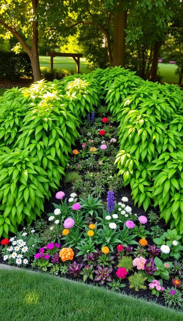 A meticulously manicured garden border showcasing the triangle planting method. Lush, verdant foliage cascades in a harmonious arrangement, drawing the eye towards the center. Dappled sunlight filters through, casting a warm, golden glow over the scene. Precisely spaced perennials and annuals in a vibrant color palette create a visually striking display. The overall composition evokes a sense of order and intentionality, reflecting the artful design principles of this effective gardening technique. A pristine, well-maintained landscape that beautifully illustrates the essential spacing tips for planting small garden borders in narrow plots.